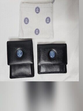 Lladro Society Black Pebbled Leather Coin Purse & Keychain Wallet Set Blue Cameo